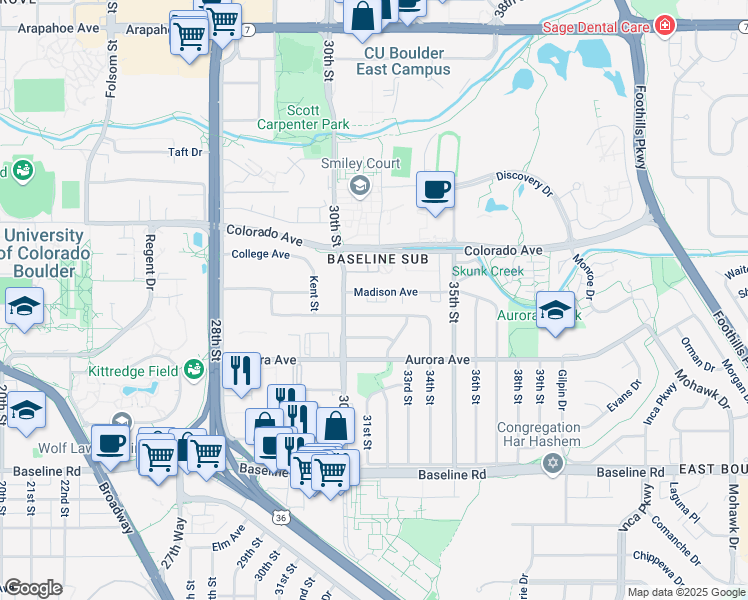 map of restaurants, bars, coffee shops, grocery stores, and more near 3130 Euclid Avenue in Boulder