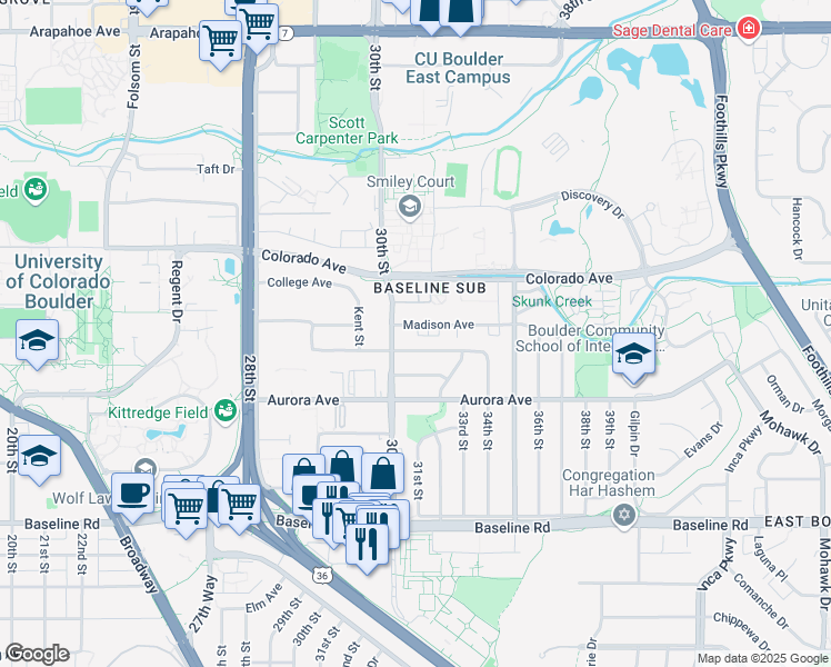 map of restaurants, bars, coffee shops, grocery stores, and more near 3130 Euclid Avenue in Boulder
