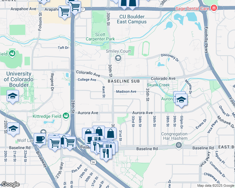 map of restaurants, bars, coffee shops, grocery stores, and more near 3130 Euclid Avenue in Boulder