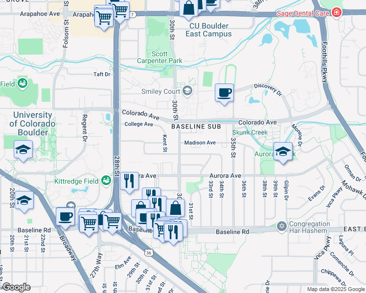 map of restaurants, bars, coffee shops, grocery stores, and more near 995 30th Street in Boulder
