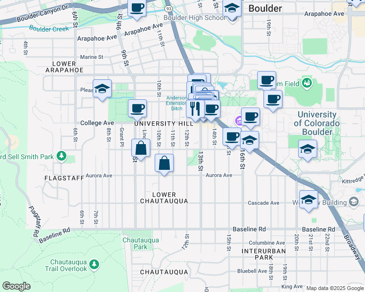 map of restaurants, bars, coffee shops, grocery stores, and more near 1200 Euclid Avenue in Boulder