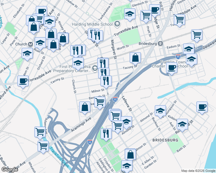 map of restaurants, bars, coffee shops, grocery stores, and more near 2380 Orthodox Street in Philadelphia
