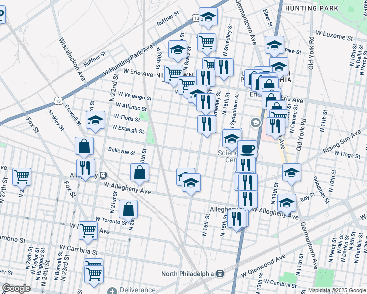map of restaurants, bars, coffee shops, grocery stores, and more near 3342 North 18th Street in Philadelphia