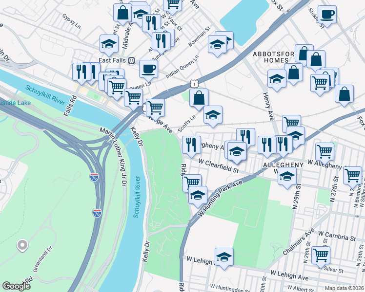 map of restaurants, bars, coffee shops, grocery stores, and more near 3901 Ridge Avenue in Philadelphia