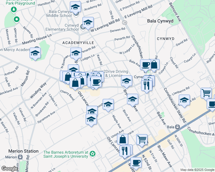 map of restaurants, bars, coffee shops, grocery stores, and more near 124 Montgomery Avenue in Bala Cynwyd