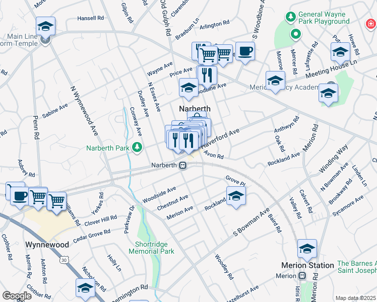 map of restaurants, bars, coffee shops, grocery stores, and more near 220 Haverford Avenue in Narberth