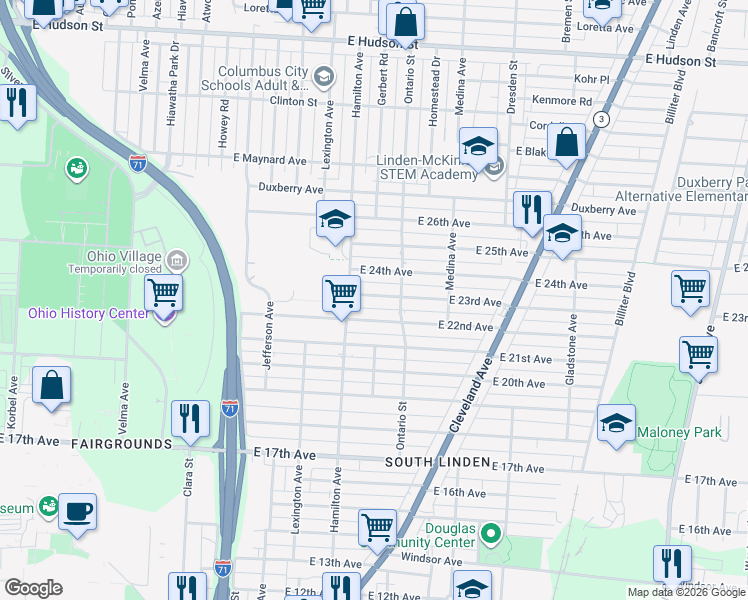 map of restaurants, bars, coffee shops, grocery stores, and more near 1123 East 22nd Avenue in Columbus