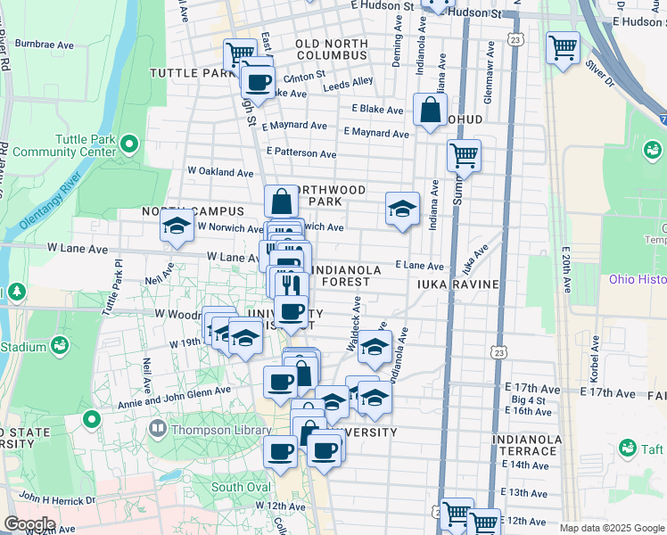 map of restaurants, bars, coffee shops, grocery stores, and more near in Columbus