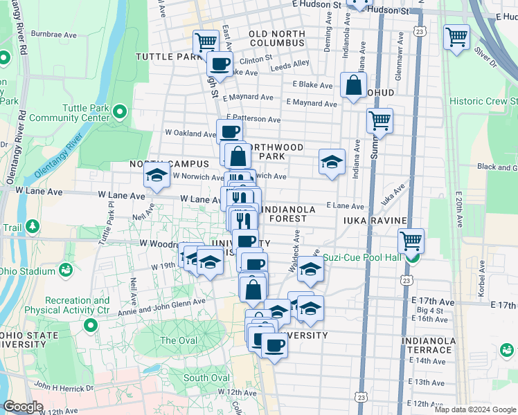 map of restaurants, bars, coffee shops, grocery stores, and more near in Columbus
