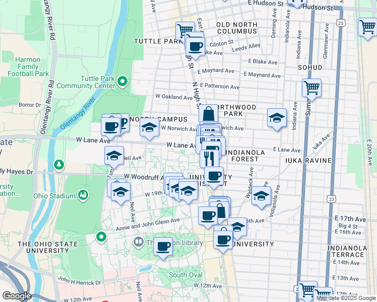 map of restaurants, bars, coffee shops, grocery stores, and more near 23 Curl Dr in Columbus