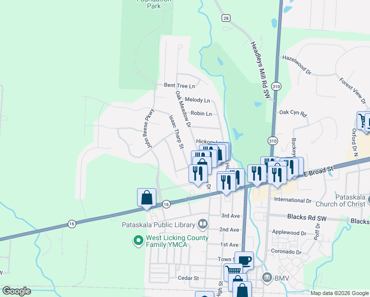 map of restaurants, bars, coffee shops, grocery stores, and more near 211 Isaac Tharp Street in Pataskala