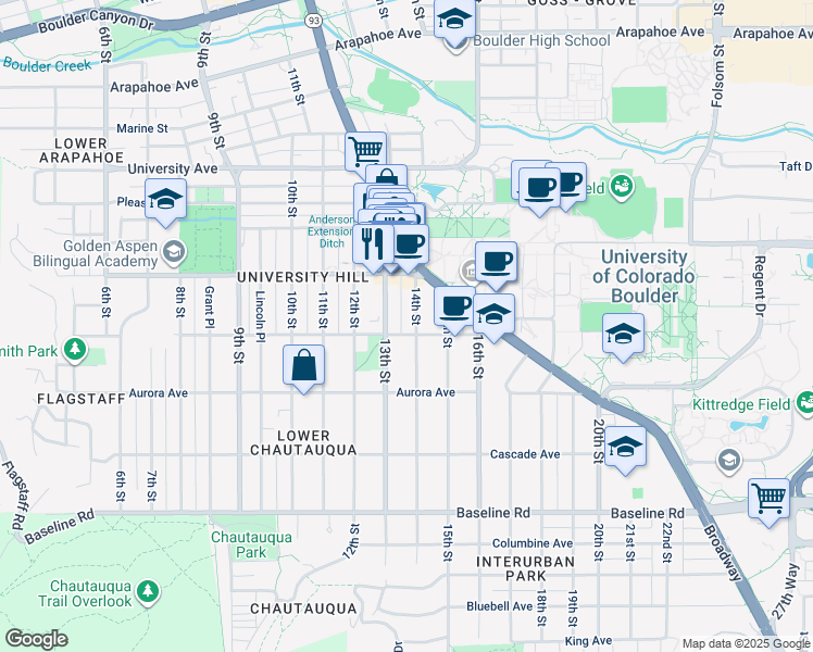 map of restaurants, bars, coffee shops, grocery stores, and more near 1005 14th Street in Boulder
