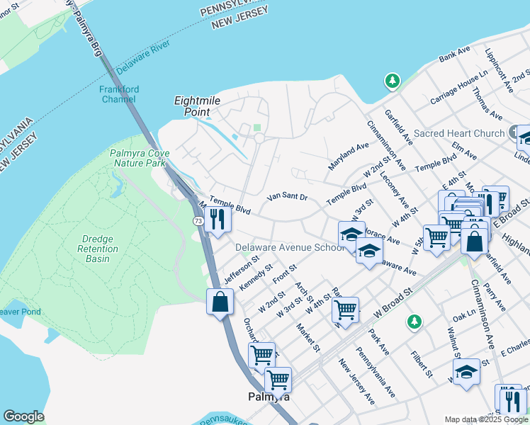 map of restaurants, bars, coffee shops, grocery stores, and more near 331 Temple Boulevard in Palmyra
