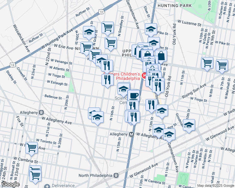 map of restaurants, bars, coffee shops, grocery stores, and more near 3425 North 16th Street in Philadelphia