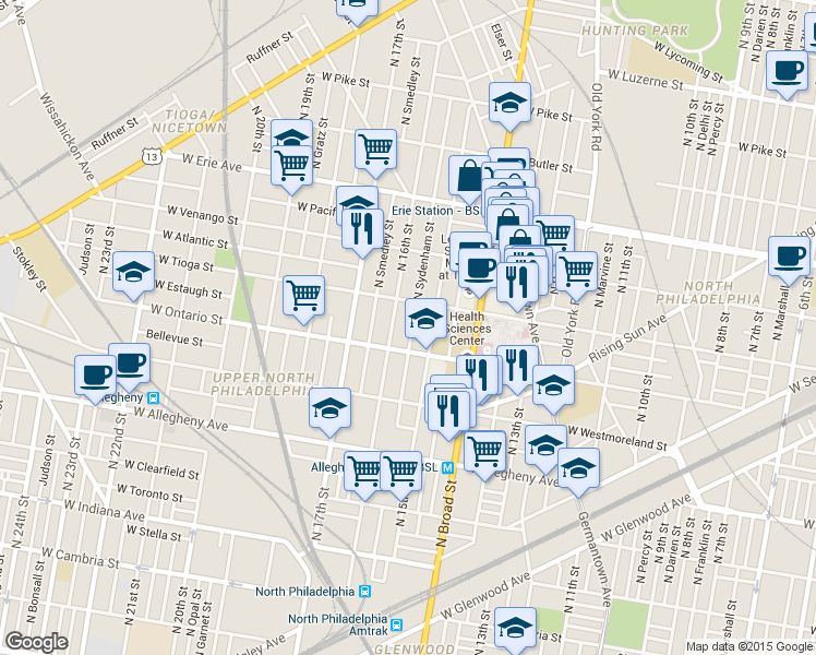 map of restaurants, bars, coffee shops, grocery stores, and more near 3424 North Sydenham Street in Philadelphia