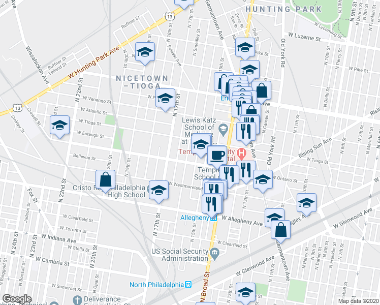 map of restaurants, bars, coffee shops, grocery stores, and more near 3425 North 16th Street in Philadelphia