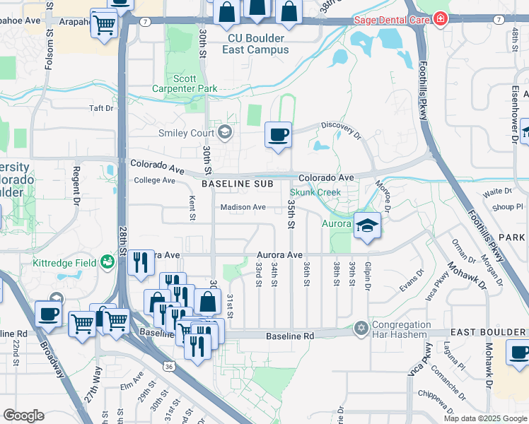 map of restaurants, bars, coffee shops, grocery stores, and more near 3300 Madison Avenue in Boulder