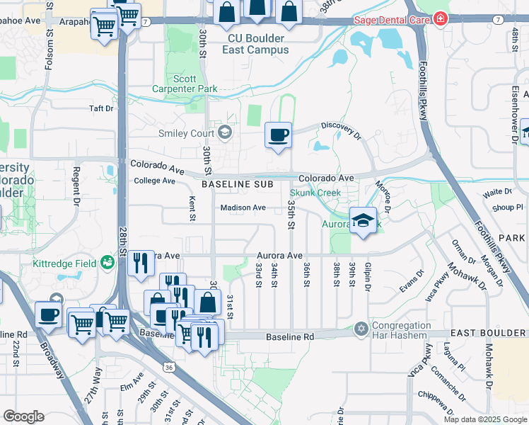 map of restaurants, bars, coffee shops, grocery stores, and more near 3290 Euclid Avenue in Boulder