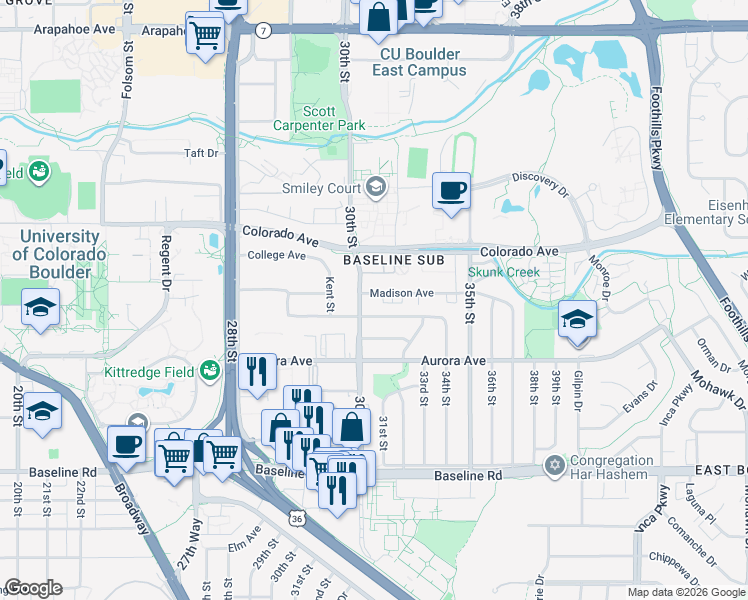 map of restaurants, bars, coffee shops, grocery stores, and more near 3040 Madison Avenue in Boulder