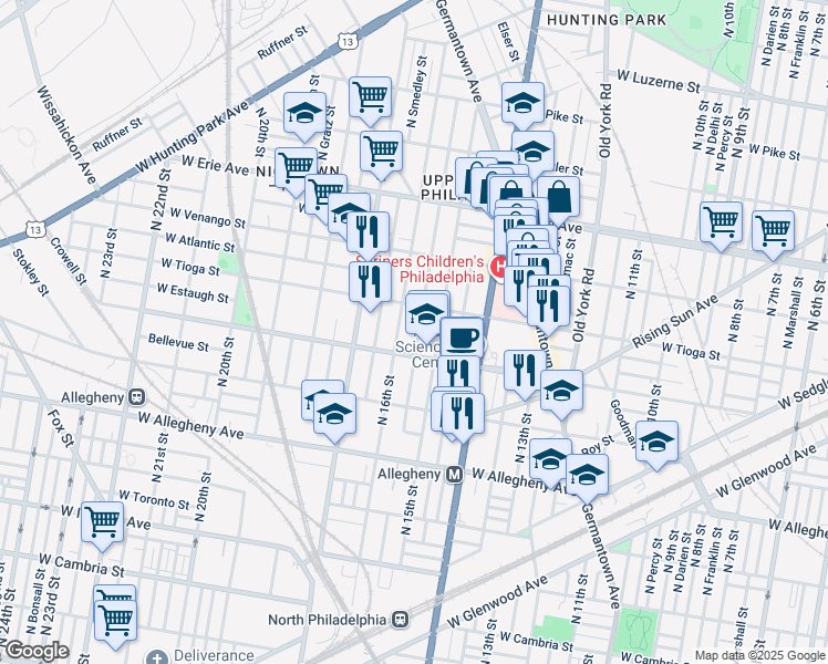 map of restaurants, bars, coffee shops, grocery stores, and more near 3424 North Sydenham Street in Philadelphia