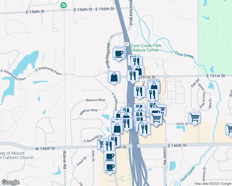 map of restaurants, bars, coffee shops, grocery stores, and more near 1549 East Greyhound Pass in Carmel