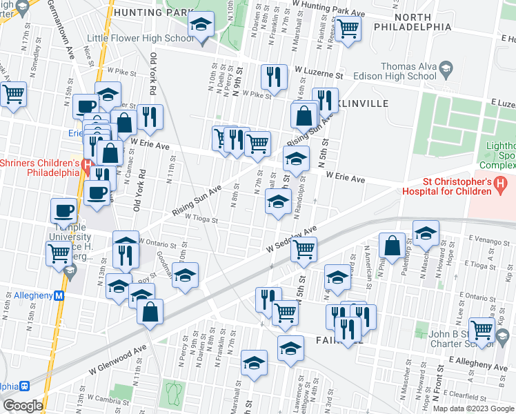 map of restaurants, bars, coffee shops, grocery stores, and more near 3549 North 7th Street in Philadelphia