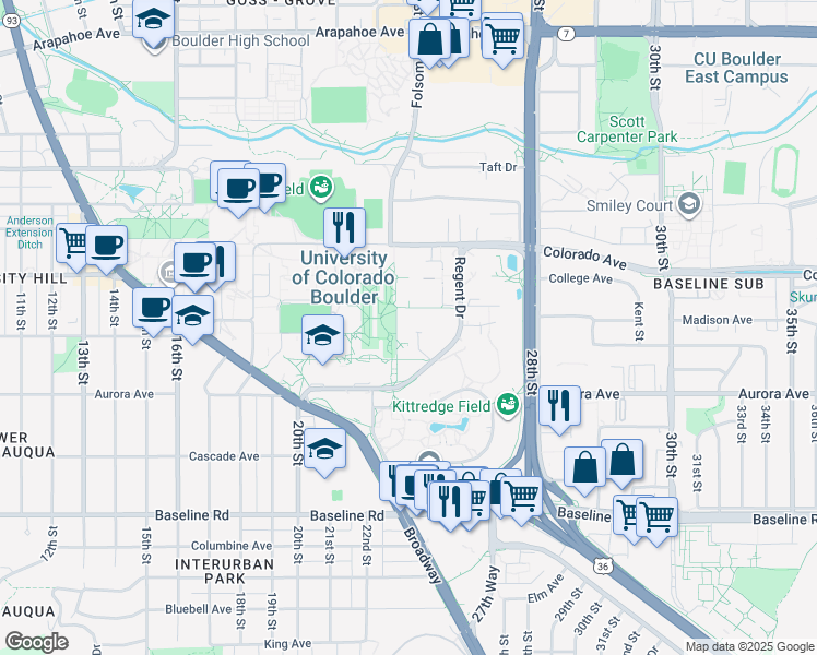 map of restaurants, bars, coffee shops, grocery stores, and more near 995 Regent Drive in Boulder