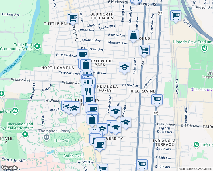 map of restaurants, bars, coffee shops, grocery stores, and more near 117 East Lane Avenue in Columbus
