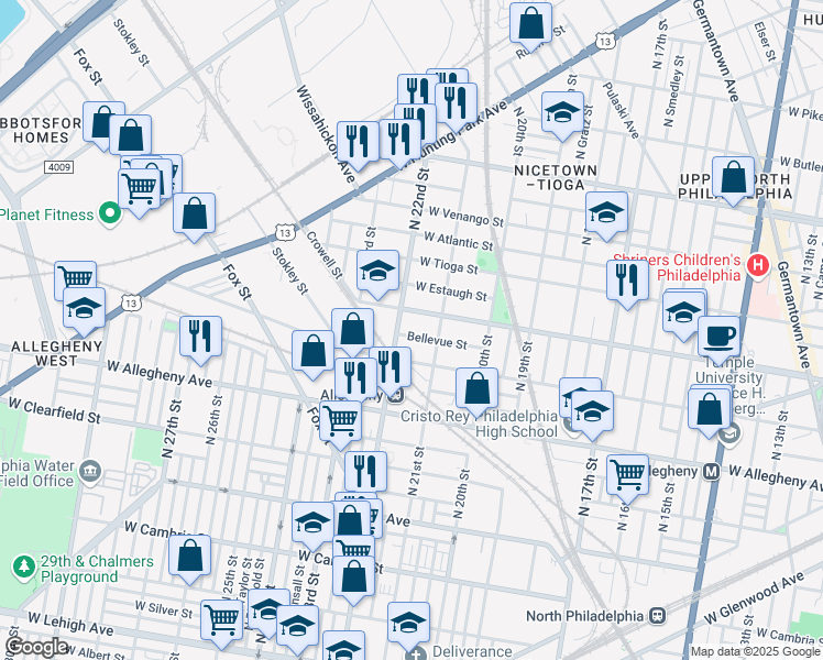 map of restaurants, bars, coffee shops, grocery stores, and more near 2129 Bellevue Street in Philadelphia