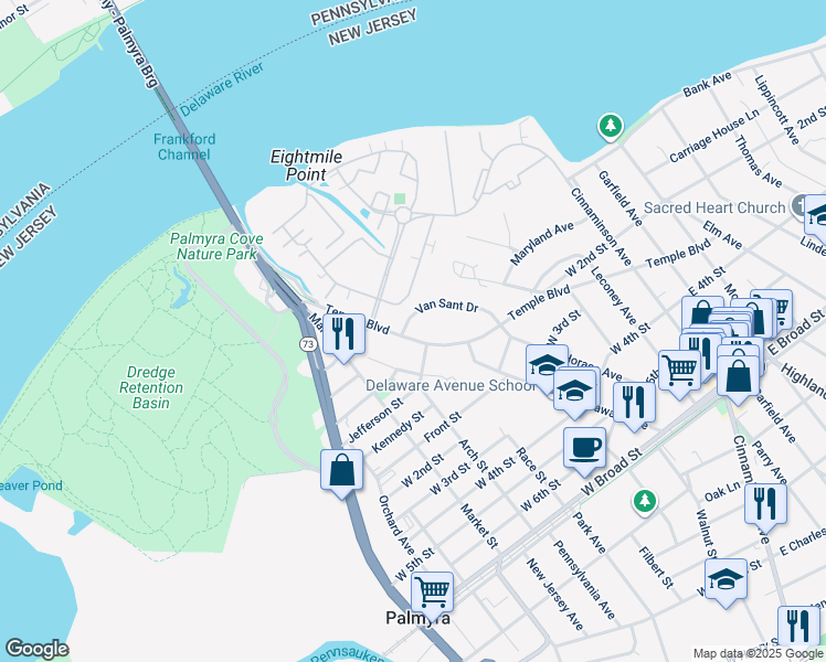 map of restaurants, bars, coffee shops, grocery stores, and more near 331 Temple Boulevard in Palmyra