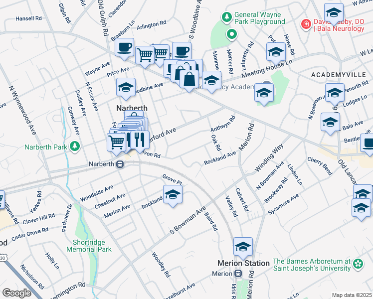 map of restaurants, bars, coffee shops, grocery stores, and more near 209 Avon Road in Narberth
