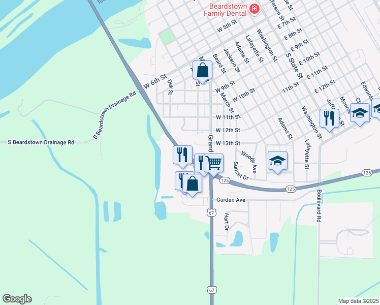 map of restaurants, bars, coffee shops, grocery stores, and more near Frank Wessel Drive in Beardstown