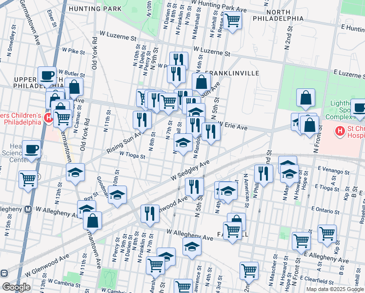 map of restaurants, bars, coffee shops, grocery stores, and more near 3552 North 6th Street in Philadelphia