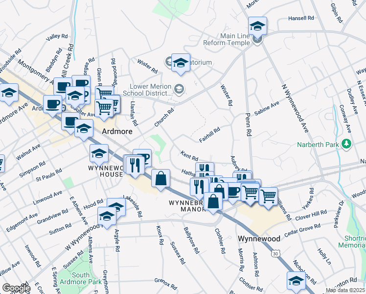 map of restaurants, bars, coffee shops, grocery stores, and more near 241 Kent Road in Wynnewood
