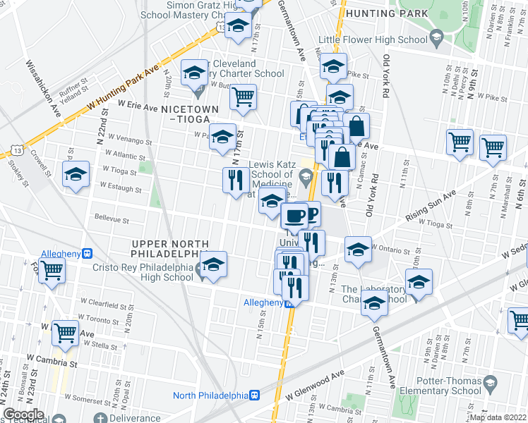 map of restaurants, bars, coffee shops, grocery stores, and more near 3426 North Sydenham Street in Philadelphia