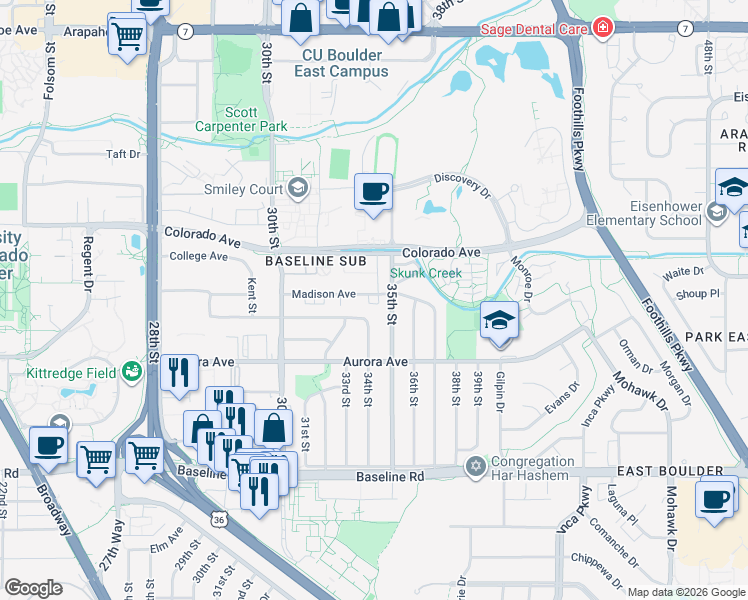 map of restaurants, bars, coffee shops, grocery stores, and more near 3460 Madison Avenue in Boulder