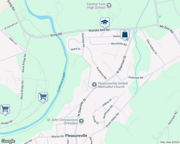 map of restaurants, bars, coffee shops, grocery stores, and more near 2649 Sheridan Road in York