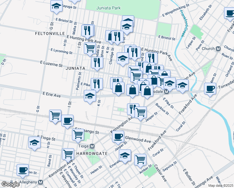 map of restaurants, bars, coffee shops, grocery stores, and more near 3871 L Street in Philadelphia