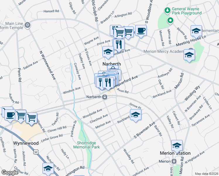 map of restaurants, bars, coffee shops, grocery stores, and more near 231 Haverford Avenue in Narberth