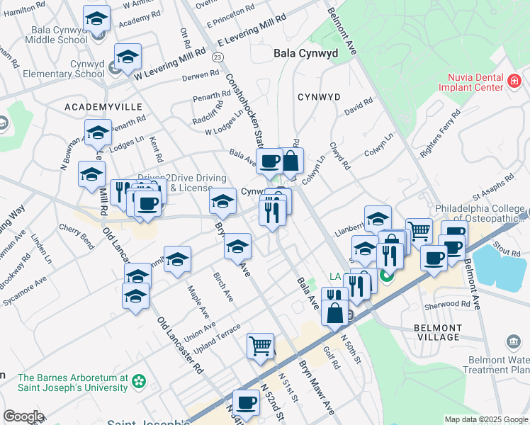 map of restaurants, bars, coffee shops, grocery stores, and more near 4 Hardie Way in Bala Cynwyd