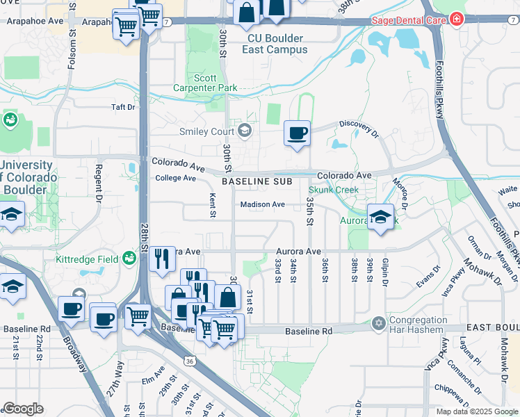 map of restaurants, bars, coffee shops, grocery stores, and more near 3150 Madison Avenue in Boulder