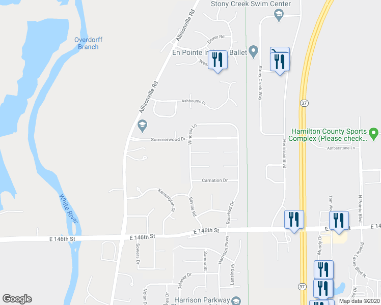 map of restaurants, bars, coffee shops, grocery stores, and more near 15047 Windsor Lane in Noblesville