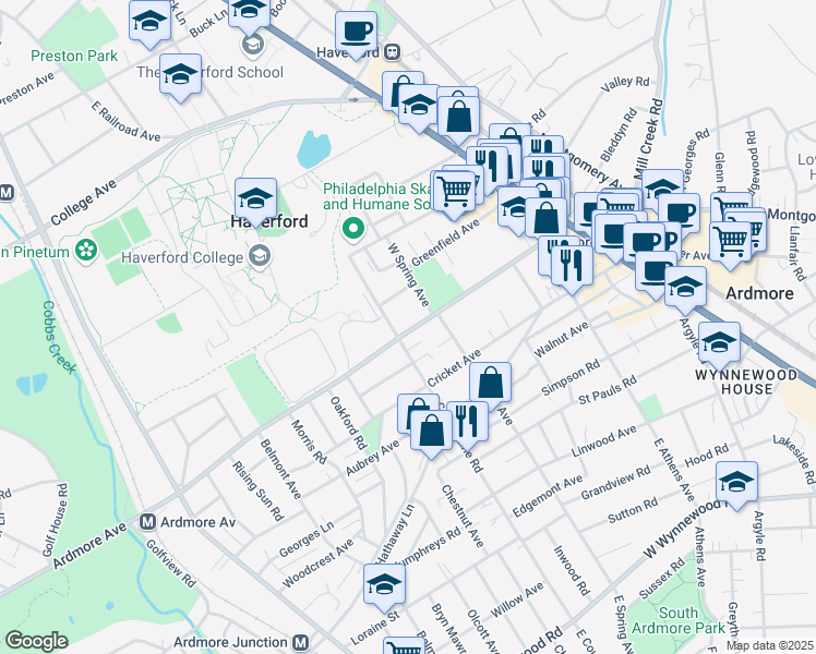 map of restaurants, bars, coffee shops, grocery stores, and more near 216 Ardmore Avenue in Ardmore