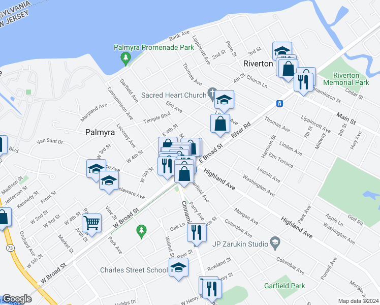 map of restaurants, bars, coffee shops, grocery stores, and more near 517 Morgan Avenue in Palmyra