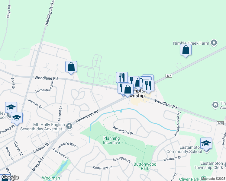map of restaurants, bars, coffee shops, grocery stores, and more near 1168 Woodlane Road in Mount Holly