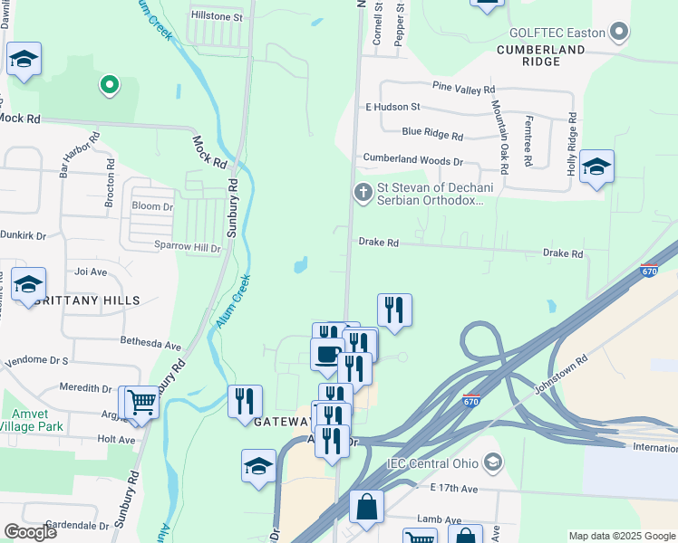 map of restaurants, bars, coffee shops, grocery stores, and more near Crabapple Lane in Columbus