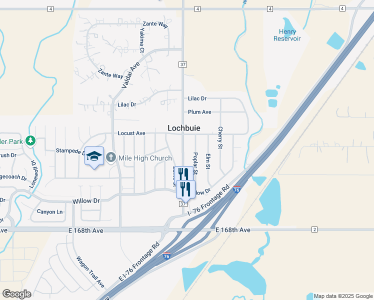 map of restaurants, bars, coffee shops, grocery stores, and more near 120 County Road 37 in Lochbuie
