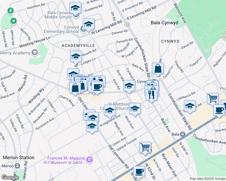 map of restaurants, bars, coffee shops, grocery stores, and more near 311 Kent Road in Bala Cynwyd