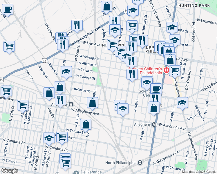 map of restaurants, bars, coffee shops, grocery stores, and more near 3401 North 19th Street in Philadelphia