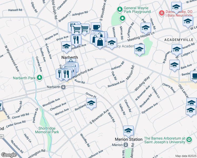 map of restaurants, bars, coffee shops, grocery stores, and more near 209 Avon Road in Narberth